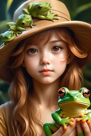 (masterpiece,best quality, ultra realistic,32k,RAW photo,detailed skin, 8k uhd, high quality:1.2), Renaissance style portrait of cute anime girl with long brown hair with a frog bucket hat, digital art . realistic, perspective, light and shadow, religious or mythological themes, highly detailed