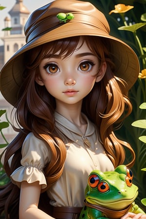 (masterpiece,best quality, ultra realistic,32k,RAW photo,detailed skin, 8k uhd, high quality:1.2), Renaissance style portrait of cute anime girl with long brown hair with a frog bucket hat, digital art . realistic, perspective, light and shadow, religious or mythological themes, highly detailed