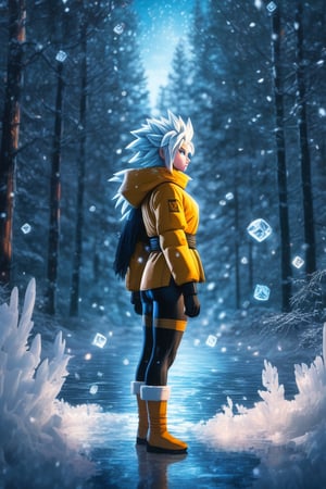 (masterpiece,best quality, ultra realistic, RAW photo),concept art, digital artwork, illustrative, painterly, matte painting, highly detailed, pixel-art portrait focus of super saiyan beautiful 3 d anime girl posing, frozen ice dark forest background, snowing, bokeh, inspired by masami kurumada, octane render, volumetric lighting . low-res, blocky, pixel art style, 8-bit graphics