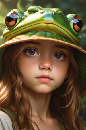 (masterpiece,best quality, ultra realistic,32k,RAW photo,detailed skin, 8k uhd, high quality:1.2), Renaissance style portrait of cute anime girl with long brown hair with a frog bucket hat, digital art . realistic, perspective, light and shadow, religious or mythological themes, highly detailed