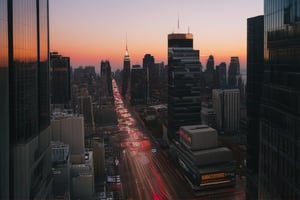 A sweeping aerial view of a metropolitan cityscape at sunset. Tall skyscrapers rise from the concrete jungle, their glass facades reflecting hues of orange and pink as the sun dips below the horizon. The streets are bustling with evening commuters, while neon lights and billboards illuminate the urban landscape.