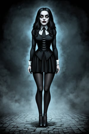 Modern art style on the theme of The Addams Family, in the style of Stefan Gesell, RGB ratio, (((full body))), delicate face, 20-year-old gothic girl, wild hair, dark, creepy, cartoonish, fantasy horror art, dark concept art, in style of dark fantasy art, detailed 4k horror artwork, highly detailed, gradient background, 

DonMn1ghtm4reXL, darkart