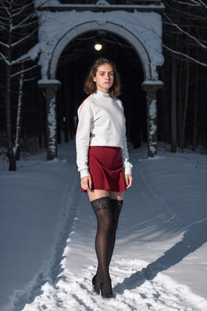 Winters,snow landscape,Beautiful teenage girl,lacepantyhose,Red sweatshirt,black short skirt,lacy stockings,围巾,depth of fields,Real light,Ray traching,OC renderer,UE5 renderer,Hyper-realistic,best qualtiy,8K,Works of masters,super-fine,Detailed pubic hair,Correct anatomy,Full body photo,are standing,Cowboy shot,model poses,
