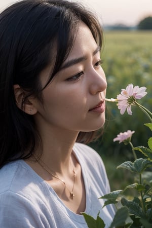 A close up portrait of a beautiful woman picking flowers in a meadow by Ken Sugimori, summer, dawn