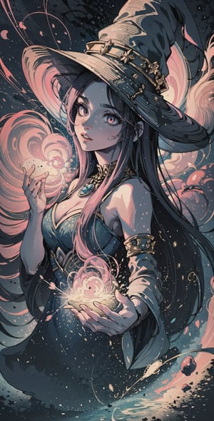 This is a description of an incredible illustration featuring a beautiful witch casting a spell surrounded by planets. The witch is wearing stunning white, pink, and gold wizard clothes with a dazzling hat adorned with pink jewels. The celestial environment is breathtaking, filled with delicate mushrooms and dynamic lighting that adds a magical touch. The witch herself has elegant and detailed facial features, mesmerizing pink eyes, and flowing brunette hair. The illustration is full of vibrant colors, hyper-detailed features, and a mystical atmosphere. It seamlessly blends fantasy and science fiction and will leave you in awe.,xjrex