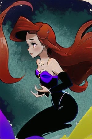 Graceful anime silhouette of a slender Disney Ariel's  body shape, she's wearing a black costume playboy bunny, showing your back, infused with stands amidst red blue and yellow ink splashes, digital painting.,Lunaris,grabbing-own
