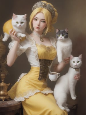 naruto is a pretty maid in an ornate pose with coffee and fluppy pet cat, in the style of artgem, rococo still-lifes, photo-realistic, vibrant reflections, light yellow and dark white, grandeur of scale, green eyes vibrant colors ultra detailed realistic face --s 1000 --niji 6 --ar 5:6