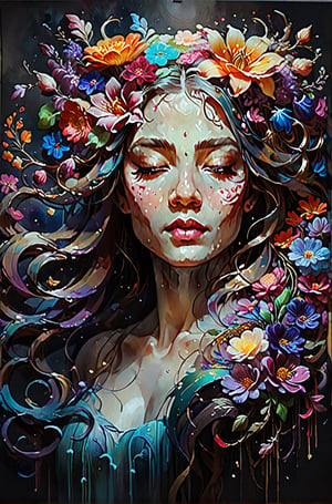 A stunning, surreal illustration of a woman with cascading hair adorned with vibrant flowers that blend harmoniously into one another. The ethereal, flowing tapestry of color stands out against the dark background, creating a dreamlike atmosphere. The woman's face tilts upwards, her eyes closed, and her tranquil expression conveys a sense of blissful contemplation. The artwork, featuring conceptual and graffiti-inspired elements, exudes serenity, beauty, and otherworldly charm, inviting viewers to explore the realms of fantasy and imagination., conceptual art, graffiti, painting, vibrant, dark fantasy, illustration