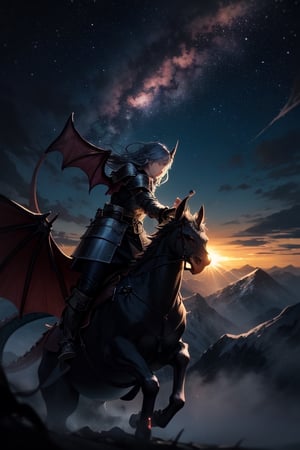 An award winning photograph by Tretch Craventail - A cunning Nordic warrior with a long sword and dressed in Nordic armor, fighting a wyvern dragon. A stunning nebula colors across the sky, created by the scattering of sunlight on raindrops. Masterpiece, ultrasharp, depth of field and boekh, the best quality,
