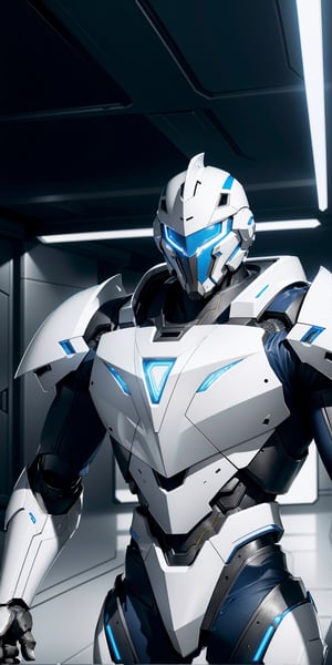 photograph of boy wearing futuristic complex knight armor, matte white armor, blue artistic armor detail parts, hi tech, reflection mapping, realistic figure, hyper detailed body, cinematic lighting photography, cyberpunk style background, 32k uhd mecha style, super hero pose, cinematic shoot, perfecteyes, blue eyes, deadly look, badass pose, massive hitech weapons, niji 5, 