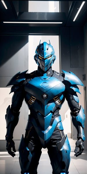 photograph of boy wearing futuristic complex knight armor, matte black armor, blue artistic armor detail parts, hi tech, reflection mapping, realistic figure, hyper detailed body, cinematic lighting photography, cyberpunk style background, 32k uhd mecha style, super hero pose, cinematic shoot, perfecteyes, blue eyes, deadly look, badass pose, massive hitech weapons, niji 5, hyperdetailed, unreal engine, --ar 9:16