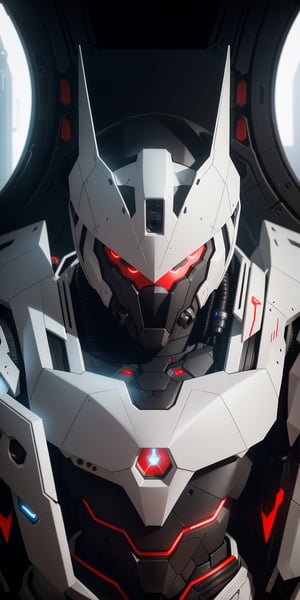 photograph of boy wearing futuristic zoids armor, matte white and red glowing armor, artistic armor detail with battle proven, hi tech, reflection mapping, realistic figure, hyper detailed body, cinematic lighting photography, cyberpunk style background, 32k uhd mecha style, super hero pose, cinematic shoot, perfecteyes, red eyes, deadly look, badass pose, massive hitech weapons, 