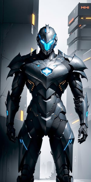 photograph of boy wearing futuristic complex knight armor, matte black armor, blue artistic armor detail parts, hi tech, reflection mapping, realistic figure, hyper detailed body, cinematic lighting photography, cyberpunk style background, 32k uhd mecha style, super hero pose, cinematic shoot, perfecteyes, blue eyes, deadly look, badass pose, massive hitech weapons, niji 5, 