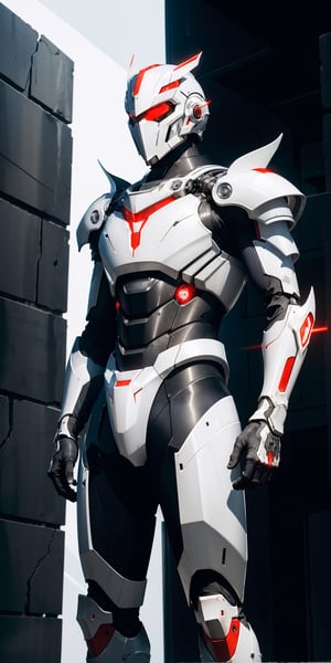 photograph of boy wearing futuristic complex knight armor, matte white and red glowing armor, artistic armor detail, hi tech, reflection mapping, realistic figure, hyper detailed body, cinematic lighting photography, cyberpunk style background, 32k uhd mecha style, super hero pose, cinematic shoot, perfecteyes, red eyes, deadly look, badass pose, massive hitech weapons, niji 5, 