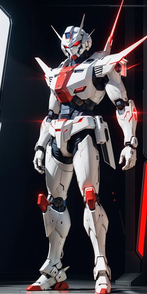 photograph of boy wearing futuristic gundam armor, matte white and red glowing armor, artistic armor detail, hi tech, reflection mapping, realistic figure, hyper detailed body, cinematic lighting photography, cyberpunk style background, 32k uhd mecha style, super hero pose, cinematic shoot, perfecteyes, red eyes, deadly look, badass pose, massive hitech weapons, niji 5, 