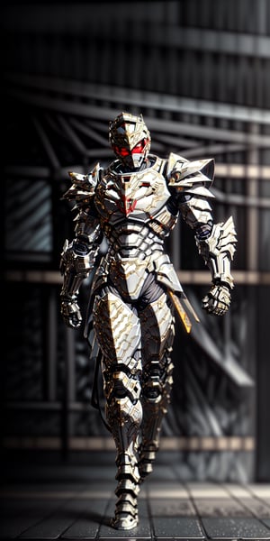 create high realistic photo detail of a boy in full body armor, with white and gold armor, mecha, armored core, hitech armor, stunning armor, ultra HD, 4k, masterpiece, photo from bottom, mid range, cinematic light, fantastic mech parts

armor : high detailed, white and gold armor, artirstic parts, hi tech, knight armor, full body, detail armor head, lighting effect, rain effect, more part with small detail, sharp focus

helmet : red eyes, precision head, japan style helm, masked, 

pose : stand on the road, badass look,