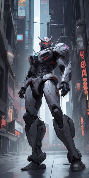 photograph of boy wearing futuristic zoids armor, all white and red glow armor, artistic armor detail, hi tech, reflection mapping, realistic figure, hyper detailed body, cinematic lighting photography, cyberpunk style background, 32k uhd mecha style, super hero pose, cinematic shoot, perfecteyes, dynamic mech, blue eyes, deadly look, badass pose, massive hitech weapons