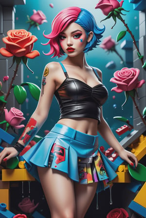 Abstract Pop Surrealism: A fusion of abstract, pop, and surreal styles brings forth a woman in a miniskirt, draped in a playful cosplay uniform, showcasing cute panties in a vibrant, dreamlike setting. ,sticker,dripping paint,roses_are_rosie,neon photography style,tshirt design,ice and water,tranzp,lego,High detailed ,tattoo,More Detail,more detail ,sukunatattoo,p3rfect boobs,cleavage,