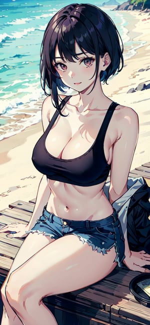 photo of 21 y.o girl, in tank top, cleavage, natural boobs, pale skin, natural skin texture, on a beautiful beach, (smile:0.4)