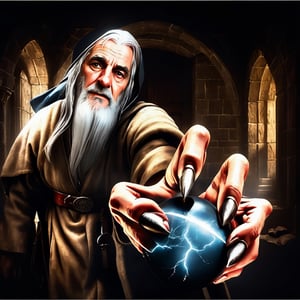 Masterpiece, wizard (old man, long white hair, in gray robe, and sphere of power in hand, in war attack position), inside a medieval castle, realistic, hyper realistic, super high definition, high detailed hands, uniform eyes,  medieval, story, high_resolution, high quality, red_filter, red colorized, (vibrant, photo realistic, realistic, dramatic, dark, sharp focus, 8k), (weathered greasy dirty damaged old worn technician worker outfit:1.1), (intricate:1.1), (highly detailed:1.1), digital painting, octane render, (loish:0.23), (global illumination, studio light, volumetric light),lord of the rings (but careful with the word "lord"),Circle,b3rli,gh3a