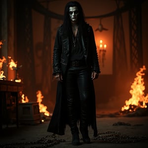 Eric Draven full body shot, skull face (calaveric face), a powerful metalhead, stands tall in a dark, eerie bedroom. His skull-face makeup glistens with a pale, ghostly complexion, while his long black hair flows like a river of night. He wears a black shirt, metal-spiked leather jacket, and skinny leather pants, adorned with tattoos and facial piercings. In the background, flames engulf the room, thick slavery chains, thick slave chains slave chains in the scene, casting a fiery glow on the scene. heavy Chains lie broken at Eric's feet, as if he has shattered the shackles that once bound him. thick chains slave chains in the scene. The crow-like atmosphere is enhanced by the presence of goth boys in the shadows, adding to the haunting beauty of this heavy metal-inspired concept art.