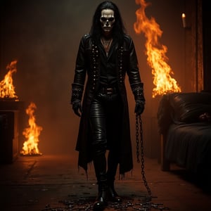 Eric Draven full body shot, skull face (calaveric face), a powerful metalhead, stands tall in a dark, eerie bedroom. His skull-face makeup glistens with a pale, ghostly complexion, while his long black hair flows like a river of night. He wears a black shirt, metal-spiked leather jacket, and skinny leather pants, adorned with tattoos and facial piercings. In the background, flames engulf the room, thick slavery chains, thick slave chains slave chains in the scene, casting a fiery glow on the scene. heavy Chains lie broken at Eric's feet, as if he has shattered the shackles that once bound him. thick chains slave chains in the scene. The crow-like atmosphere is enhanced by the presence of goth boys in the shadows, adding to the haunting beauty of this heavy metal-inspired concept art.