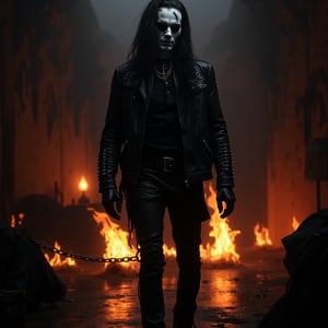 Eric Draven full body shot, skull face (calaveric face), a powerful metalhead, stands tall in a dark, eerie bedroom. His skull-face makeup glistens with a pale, ghostly complexion, while his long black hair flows like a river of night. He wears a black shirt, metal-spiked leather jacket, and skinny leather pants, adorned with tattoos and facial piercings. In the background, flames engulf the room, heavy slavery chains, heavy slave chains slave chains in the scene, casting a fiery glow on the scene. heavy Chains lie broken at Eric's feet, as if he has shattered the shackles that once bound him. Vlave chains slave chains in the scene. The crow-like atmosphere is enhanced by the presence of goth boys in the shadows, adding to the haunting beauty of this heavy metal-inspired concept art.