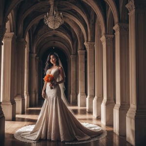 Story, sparkling beautiful eyes, black hair, bride posing under a fairy tale, elaborate scene style, glitter, orange, full body, full body view, realistic style, 8k,exposure blend, medium shot, bokeh, (hdr:1.4), high contrast, (cinematic, dark orange and white film), (muted colors, dim colors, soothing tones:1.3), low saturation, (hyperdetailed:1.2), (noir:0.4),1 girl
