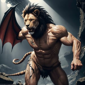 character,character_name Manticore, 1 character animal,mythological,mythology,logo_design,a Manticore (1 manticore,lion head,lion body, wings of a bat,scorpion tail stinger),lion roar,Lion_roar,front view,shot from the front, look ahead,hyper realistic, front_view,super high definition, high detailed hands,high_resolution,high quality, red_filter,red colorized,(vibrant,photo realistic,realistic,dramatic, dark,sharp focus,8k), (weathered greasy dirty damaged old worn technician worker outfit:1.1), (intricate:1.1), (highly detailed:1.1), digital painting, octane render, (loish:0.23), (global illumination, studio light, volumetric light),high_res,high_resolution,highres,cibertribal,valkyrie style