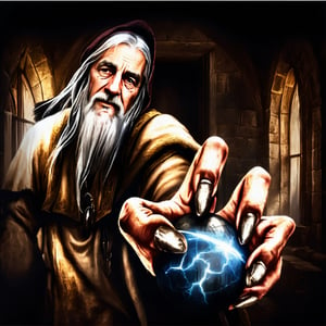 Masterpiece, wizard (old man, long white hair, in gray robe, and sphere of power in hand, in war attack position), inside a medieval castle, realistic, hyper realistic, super high definition, high detailed hands, uniform eyes,  medieval, story, high_resolution, high quality, red_filter, red colorized, (vibrant, photo realistic, realistic, dramatic, dark, sharp focus, 8k), (weathered greasy dirty damaged old worn technician worker outfit:1.1), (intricate:1.1), (highly detailed:1.1), digital painting, octane render, (loish:0.23), (global illumination, studio light, volumetric light),lord of the rings (but careful with the word "lord"),Circle,b3rli,gh3a