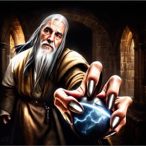 Masterpiece, wizard (old man, long white hair, in gray robe, and sphere of power in 1 hand, in war attack position), inside a medieval castle, realistic, hyper realistic, super high definition, high detailed hands, uniform eyes,  medieval, story, high_resolution, high quality, red_filter, red colorized, (vibrant, photo realistic, realistic, dramatic, dark, sharp focus, 8k), (weathered greasy dirty damaged old worn technician worker outfit:1.1), (intricate:1.1), (highly detailed:1.1), digital painting, octane render, (loish:0.23), (global illumination, studio light, volumetric light),lord of the rings (but careful with the word "lord"),Circle,b3rli,gh3a,AngelicStyle,HZ Steampunk