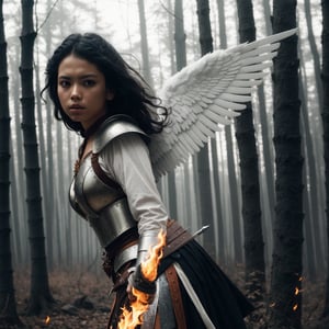 Story, Angelic woman in an beautiful forest, caucasic, black hair, warrior battle pose under medieval battle history, fire wings, battle pose, sword, sparks of fire, elaborate scene style, 1 girl, fighting orcs, glitter, orange, realistic style, 8k,exposure blend, medium shot, bokeh, (hdr:1.4), high contrast, (cinematic, dark orange and white film), (muted colors, dim colors, soothing tones:1.3), low saturation, (hyperdetailed:1.2), (noir:0.4),1 girl, warm color