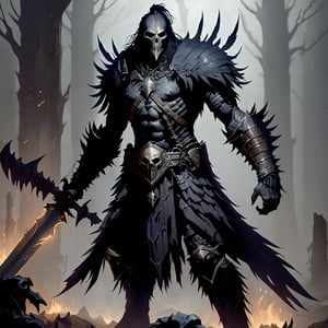 crow man, ravenlord, with armor, full body, action_pose, full_body, fighting Orcs, human remains