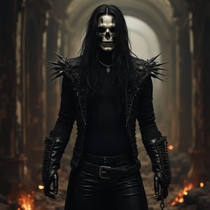 Masterpiece, concept art of Eric Draven, skull face, strong muscle metalheads (Heavy Metal style), Standing, not sitting, full shot scene, (full-shot scene), Goth boys, full-body, metalheads , males, full body, goth skull makeup, extremely black long hair, fullbody, full_body, full body, metal spiked leather jacket, skinny leather pants , tattoos, facial piercings , ghost white skin, black shirt, dark creepy bedroom, skull face, long hair, hard_rock clothes, breaking chains, full-body, full body, battlefield scenary, fire and steel, realistic, No watermark, no texts, the crow movie style, full_body, metal-spiked leather jacket, alice cooper