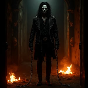 Eric Draven full body shot, skull face (calaveric face), a powerful metalhead, stands tall in a dark, eerie bedroom. His skull-face makeup glistens with a pale, ghostly complexion, while his long black hair flows like a river of night. He wears a black shirt, metal-spiked leather jacket, and skinny leather pants, adorned with tattoos and facial piercings. In the background, flames engulf the room, thick slavery chains, thick slave chains slave chains in the scene, casting a fiery glow on the scene. heavy Chains lie broken at Eric's feet, as if he has shattered the shackles that once bound him. thick chains slave chains in the scene. The crow-like atmosphere is enhanced by the presence of goth boys in the shadows, adding to the haunting beauty of this heavy metal-inspired concept art.