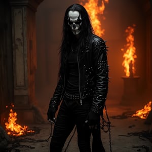 Eric Draven full body shot, skull face, a powerful metalhead, stands tall in a dark, eerie bedroom. His skull-face makeup glistens with a pale, ghostly complexion, while his long black hair flows like a river of night. He wears a black shirt, metal-spiked leather jacket, and skinny leather pants, adorned with tattoos and facial piercings. In the background, flames engulf the room, slavery chains, slave chains slave chains in the scene, casting a fiery glow on the scene. Chains lie broken at Eric's feet, as if he has shattered the shackles that once bound him. Vlave chains slave chains in the scene. The crow-like atmosphere is enhanced by the presence of goth boys in the shadows, adding to the haunting beauty of this heavy metal-inspired concept art.