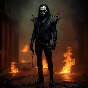 Eric Draven, a powerful metalhead, stands tall in a dark, eerie bedroom. His skull-face makeup glistens with a pale, ghostly complexion, while his long black hair flows like a river of night. He wears a black shirt, metal-spiked leather jacket, and skinny leather pants, adorned with tattoos and facial piercings. In the background, flames engulf the room, slavery chains, slave chains slave chains in the scene, casting a fiery glow on the scene. Chains lie broken at Eric's feet, as if he has shattered the shackles that once bound him. Vlave chains slave chains in the scene. The crow-like atmosphere is enhanced by the presence of goth boys in the shadows, adding to the haunting beauty of this heavy metal-inspired concept art.