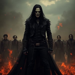 Masterpiece, concept art of Eric Draven, skull face, full body, strong muscle metalheads (Heavy Metal style), Standing, not sitting, full shot scene, (full-shot scene), Goth boys, full-body, metalheads , males, full body, goth skull makeup, extremely black long hair, fullbody, full_body, full body, metal spiked leather jacket, skinny leather pants , tattoos, facial piercings , ghost white skin, black shirt, dark creepy bedroom, skull face, long hair, hard_rock clothes, breaking chains, full-body, full body, battlefield scenary, fire and steel, realistic, No watermark, no texts, the crow movie style, full_body, metal-spiked leather jacket, alice cooper