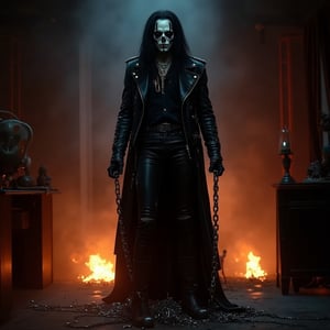 Eric Draven full body shot, skull face (calaveric face), a powerful metalhead, stands tall in a dark, eerie bedroom. His skull-face makeup glistens with a pale, ghostly complexion, while his long black hair flows like a river of night. He wears a black shirt, metal-spiked leather jacket, and skinny leather pants, adorned with tattoos and facial piercings. In the background, flames engulf the room, thick slavery chains, thick slave chains slave chains in the scene, casting a fiery glow on the scene. heavy Chains lie broken at Eric's feet, as if he has shattered the shackles that once bound him. thick chains slave chains in the scene. The crow-like atmosphere is enhanced by the presence of goth boys in the shadows, adding to the haunting beauty of this heavy metal-inspired concept art.