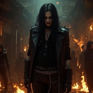 Eric Draven, a powerful metalhead, stands tall in a dark, eerie bedroom. His skull-face makeup glistens with a pale, ghostly complexion, while his long black hair flows like a river of night. He wears a black shirt, metal-spiked leather jacket, and skinny leather pants, adorned with tattoos and facial piercings. In the background, flames engulf the room, slave chains slave chains in the scene, casting a fiery glow on the scene. Chains lie broken at Eric's feet, as if he has shattered the shackles that once bound him. Vlave chains slave chains in the scene. The crow-like atmosphere is enhanced by the presence of goth boys in the shadows, adding to the haunting beauty of this heavy metal-inspired concept art.