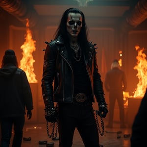 Eric Draven, a powerful metalhead, stands tall in a dark, eerie bedroom. His skull-face makeup glistens with a pale, ghostly complexion, while his long black hair flows like a river of night. He wears a black shirt, metal-spiked leather jacket, and skinny leather pants, adorned with tattoos and facial piercings. In the background, flames engulf the room, slave chains slave chains in the scene, casting a fiery glow on the scene. Chains lie broken at Eric's feet, as if he has shattered the shackles that once bound him. Vlave chains slave chains in the scene. The crow-like atmosphere is enhanced by the presence of goth boys in the shadows, adding to the haunting beauty of this heavy metal-inspired concept art.