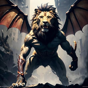character,character_name Manticore, 1 character animal,mythological,mythology,logo_design,a Manticore (1 manticore,lion head,lion body, wings of a bat,scorpion stinger),lion roar,Lion_roar,front view,shot from the front, look ahead,hyper realistic, front_view,super high definition, high detailed hands,high_resolution,high quality, red_filter,red colorized,(vibrant,photo realistic,realistic,dramatic, dark,sharp focus,8k), (weathered greasy dirty damaged old worn technician worker outfit:1.1), (intricate:1.1), (highly detailed:1.1), digital painting, octane render, (loish:0.23), (global illumination, studio light, volumetric light),high_res,high_resolution,highres,cibertribal,valkyrie style