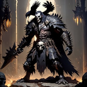 crow man, ravenlord, with armor, full body, action_pose, full_body, fighting Orcs, skulls on the floor