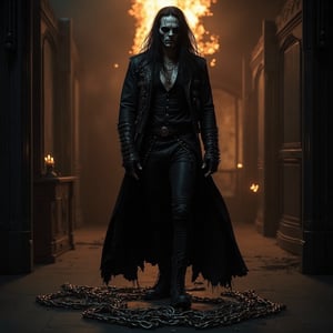 Eric Draven full body shot, a powerful metalhead, stands tall in a dark, eerie bedroom. His skull-face makeup glistens with a pale, ghostly complexion, while his long black hair flows like a river of night. He wears a black shirt, metal-spiked leather jacket, and skinny leather pants, adorned with tattoos and facial piercings. In the background, flames engulf the room, slavery chains, slave chains slave chains in the scene, casting a fiery glow on the scene. Chains lie broken at Eric's feet, as if he has shattered the shackles that once bound him. Vlave chains slave chains in the scene. The crow-like atmosphere is enhanced by the presence of goth boys in the shadows, adding to the haunting beauty of this heavy metal-inspired concept art.