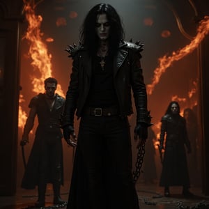 Eric Draven, a powerful metalhead, stands tall in a dark, eerie bedroom. His skull-face makeup glistens with a pale, ghostly complexion, while his long black hair flows like a river of night. He wears a black shirt, metal-spiked leather jacket, and skinny leather pants, adorned with tattoos and facial piercings. In the background, flames engulf the room, slave chains slave chains in the scene, casting a fiery glow on the scene. Chains lie broken at Eric's feet, as if he has shattered the shackles that once bound him. Vlave chains slave chains in the scene. The crow-like atmosphere is enhanced by the presence of goth boys in the shadows, adding to the haunting beauty of this heavy metal-inspired concept art.