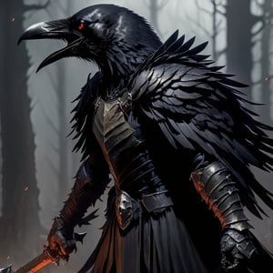 crow man, ravenlord, raven face, crow face, with armor, full body, action_pose, full_body, fighting with Orcs, human remains, realistic, realism, high quality, gothic style, movie scene, cinematic, panoramic, full body, full body