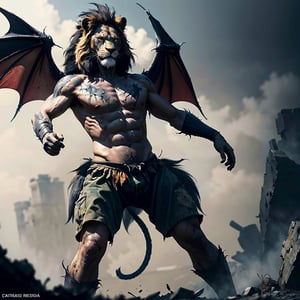 character,character_name Manticore, 1 character animal,mythological,mythology,logo_design,a Manticore (1 manticore,head and body of a lion, wings of a bat and tail of a scorpion),lion roar,Lion_roar,front view,shot from the front, look ahead,hyper realistic, front_view,super high definition, high detailed hands,high_resolution,high quality, red_filter,red colorized,(vibrant,photo realistic,realistic,dramatic, dark,sharp focus,8k), (weathered greasy dirty damaged old worn technician worker outfit:1.1), (intricate:1.1), (highly detailed:1.1), digital painting, octane render, (loish:0.23), (global illumination, studio light, volumetric light),high_res,high_resolution,highres,cibertribal,valkyrie style