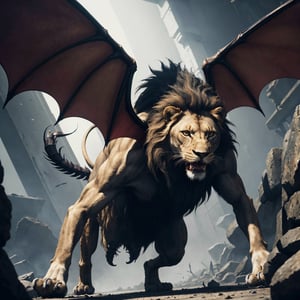 character,character_name Manticore, 1 character animal,mythological,mythology,logo_design,a Manticore (1 manticore,lion head,lion body, wings of a bat,scorpion tail stinger),lion roar,Lion_roar,front view,shot from the front, look ahead,hyper realistic, front_view,super high definition, high detailed hands,high_resolution,high quality, red_filter,red colorized,(vibrant,photo realistic,realistic,dramatic, dark,sharp focus,8k), (weathered greasy dirty damaged old worn technician worker outfit:1.1), (intricate:1.1), (highly detailed:1.1), digital painting, octane render, (loish:0.23), (global illumination, studio light, volumetric light),high_res,high_resolution,highres,cibertribal,valkyrie style