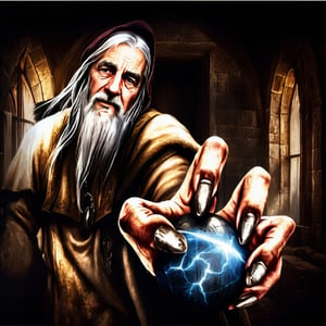 Masterpiece, wizard (old man, long white hair, in gray robe, and sphere of power in hand, in war attack position), inside a medieval castle, realistic, hyper realistic, super high definition, high detailed hands, uniform eyes,  medieval, story, high_resolution, high quality, red_filter, red colorized, (vibrant, photo realistic, realistic, dramatic, dark, sharp focus, 8k), (weathered greasy dirty damaged old worn technician worker outfit:1.1), (intricate:1.1), (highly detailed:1.1), digital painting, octane render, (loish:0.23), (global illumination, studio light, volumetric light),lord of the rings (but careful with the word "lord"),Circle,b3rli,gh3a