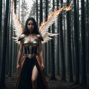 Story, Angelic woman in an beautiful forest, caucasic, black hair, fiery winged warrior posing under medieval battle story, fire wings, battle pose, sword, sparks of fire, elaborate scene style, 1 girl, fighting orcs, glitter, orange, realistic style, 8k,exposure blend, medium shot, bokeh, (hdr:1.4), high contrast, (cinematic, dark orange and white film), (muted colors, dim colors, soothing tones:1.3), low saturation, (hyperdetailed:1.2), (noir:0.4),1 girl, warm color
